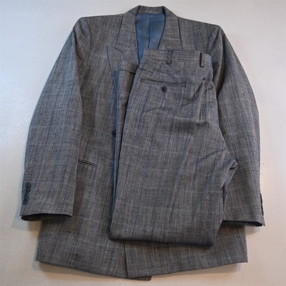 Vtg Mens Double Breasted 42R 34x32 Blue Slub Windowpane Rayon Linen Mens Suit